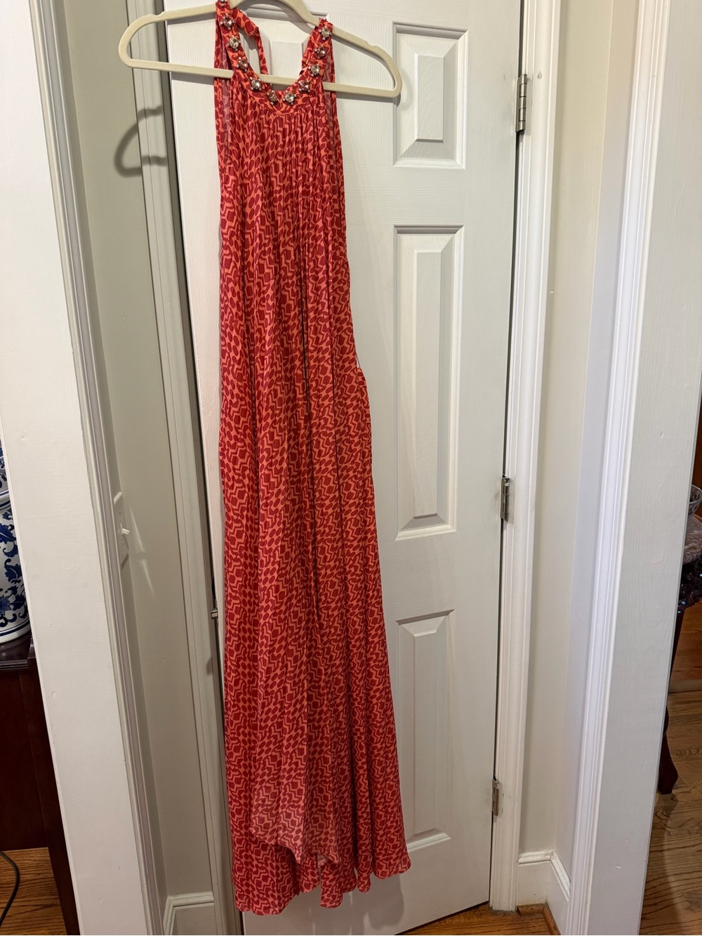 FIGUE Embellished Red Halter Maxi Dress